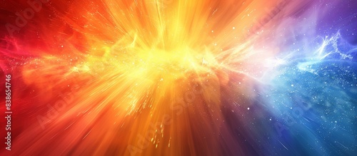 Vibrant Abstract Background with Dynamic Burst of Colorful Light Rays and Sparkles in Red, Orange, Yellow, and Blue Hues