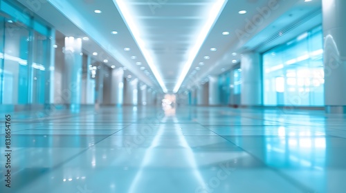 Beautiful light blue blurred background panoramic image of a spacious office or mall hallway