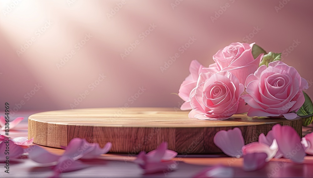 A wooden table with three pink roses on top of it