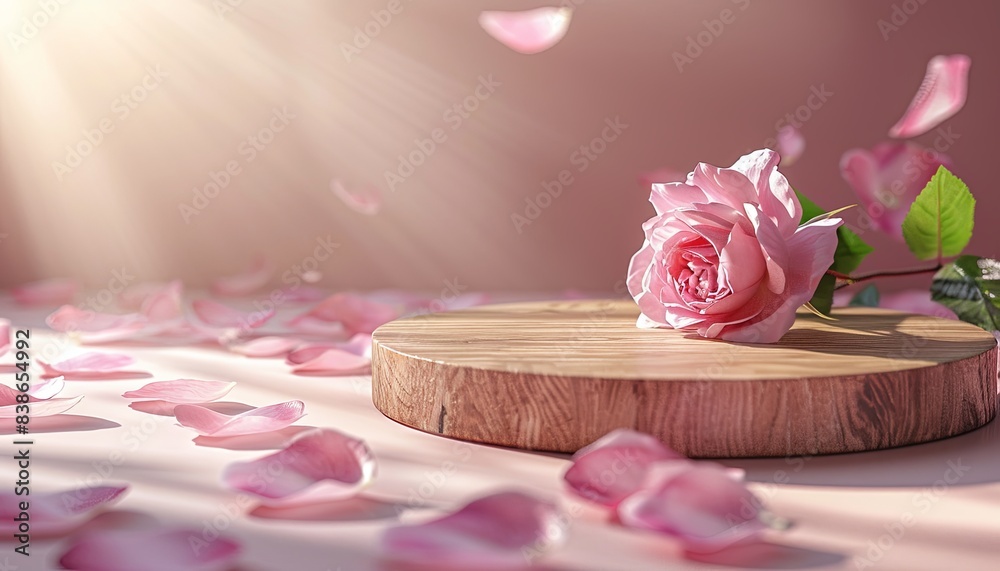 A rose is on a wooden surface with pink petals scattered around it A rose is on a wooden surface with pink petals scattered around it