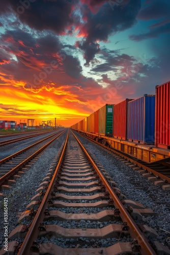 Vibrant Sunset Over Railroad Tracks with Colorful Freight Containers, Dramatic Sky, and Industrial Landscape - Perfect for Transportation, Logistics, and Travel Themes photo