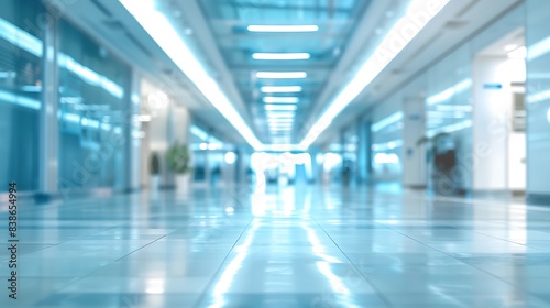 Beautiful light blue blurred background panoramic image of a spacious office or mall hallway