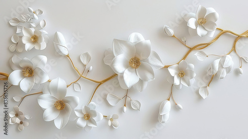 3D paper art of white flowers with gold branches on white background © SayedaRima