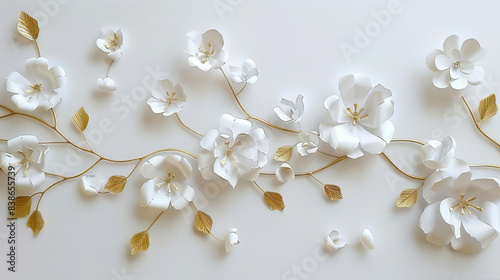 3D paper art of white flowers with gold branches on white background