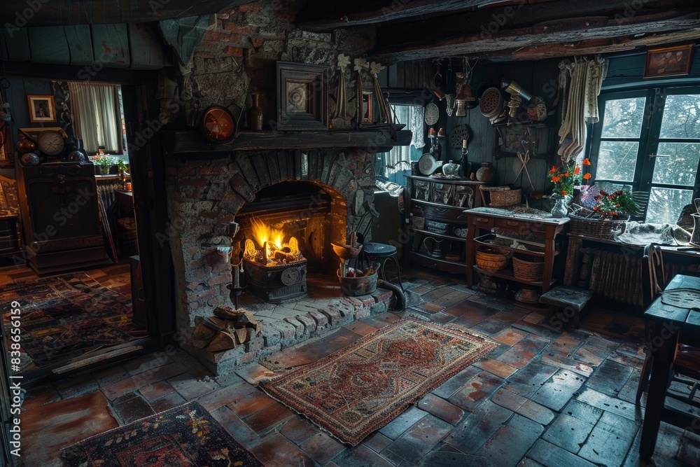 Cozy rustic cabin interior with a warm fireplace, wooden furniture, and brick floor exuding a nostalgic ambiance and vintage decor