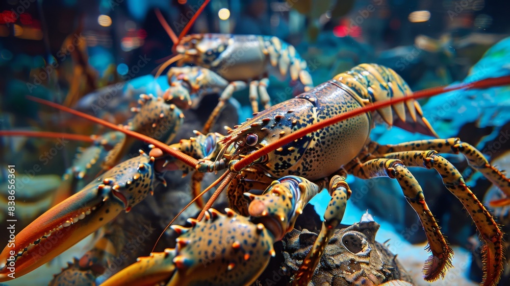 Close-up of live lobsters in a seafood market tank, their vibrant colors and distinctive claws enticing customers to purchase. Close-up of live lobsters in a seafood market tank, their vibrant colors and distinctive claws enticing customers to purchase.