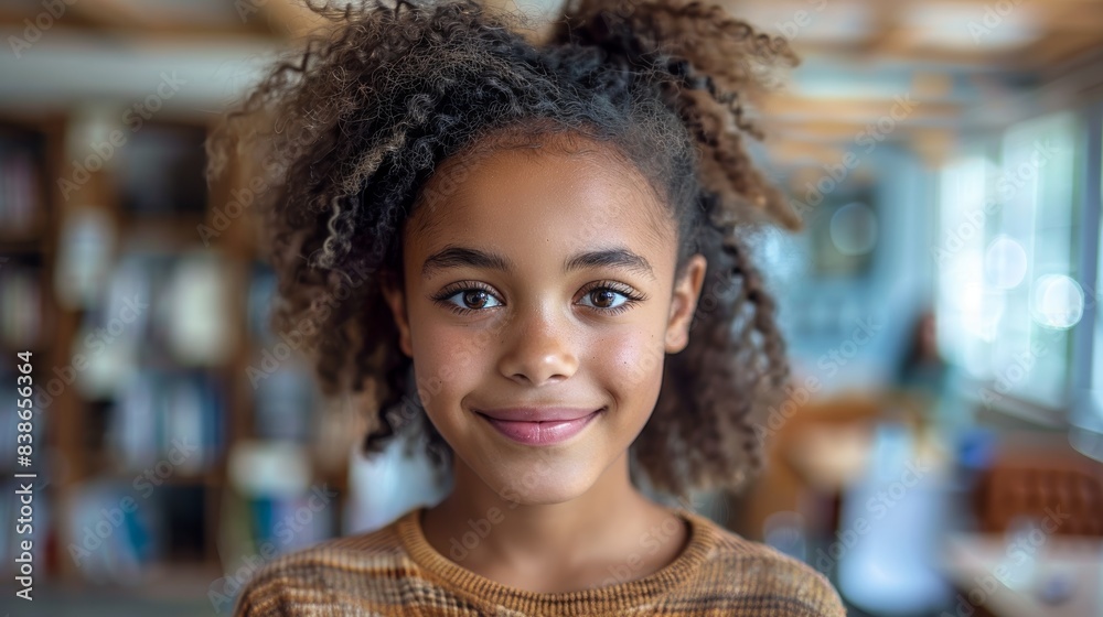 A young girl with a beautiful smile and curly hair standing in a cozy library setting, capturing the essence of childhood joy and curiosity in an educational environment A young girl with a beautiful smile and curly hair standing in a cozy library setting, capturing the essence of childhood joy and curiosity in an educational environment