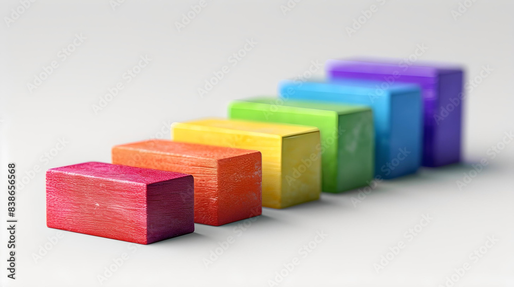 Obraz premium Row of colorful wooden blocks arranged in a gradient, symbolizing organization, creativity, and early learning.