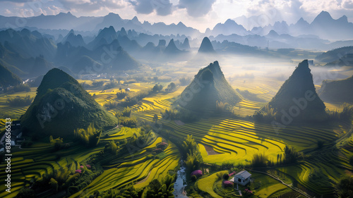 Aerial view of rice fields with a mountain range in the background. The mountains have many sharp peaks and there is also a river running through it.