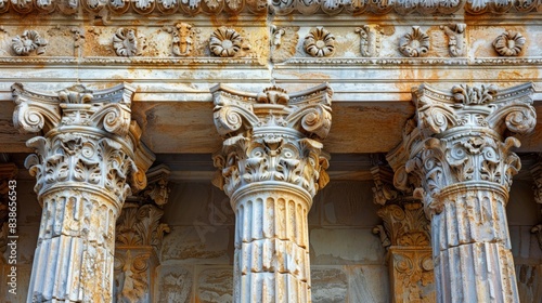 Stunning close-up of intricately designed ancient Greek or Roman columns showcasing detailed Corinthian capitals and rich architectural history