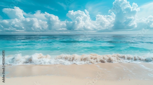 Beautiful sandy beach with white sand and rolling calm wave of turquoise ocean on Sunny day on background white clouds in blue sky. Island in Maldives  colorful perfect panoramic natural landscape