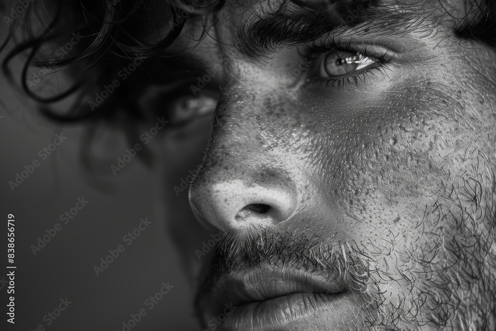 Obraz premium A captivating close-up black-and-white photograph showcasing intense emotions through the detailed and expressive features of a man's face