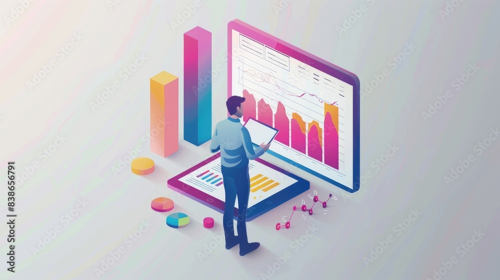 Tech-Savvy Businessman Analyzing Financial Data for Growth - Isometric Illustration with Copy Space. Tech-Savvy Businessman Analyzing Financial Data for Growth - Isometric Illustration with Copy Space.
