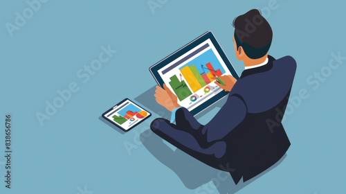 Modern Businessman Analyzing Financial Graphs on Digital Tablet Isometric Illustration with Copy Space for Decoration. photo