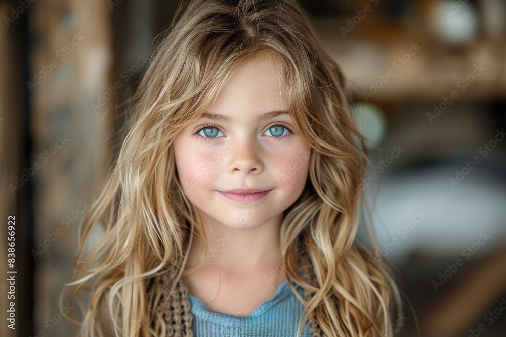 Fototapeta premium A young girl with flowing blonde hair and captivating blue eyes gazes directly into the camera, embodying innocence and beauty in a softly lit environment