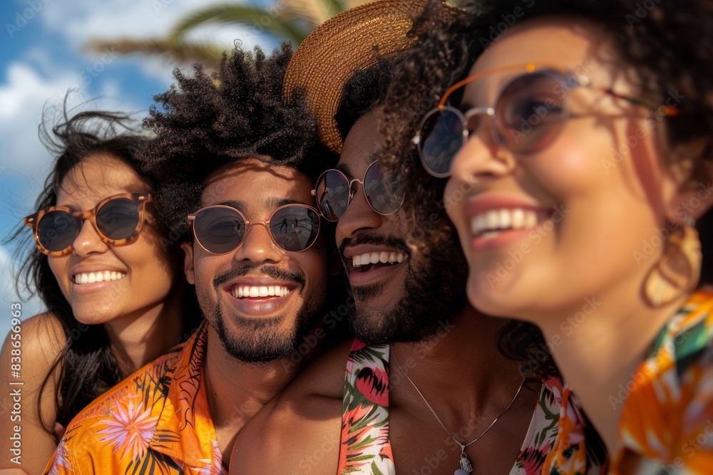 A group of friends enjoying a summer day together, smiling and wearing colorful tropical shirts and sunglasses, with a bright blue sky and palm trees in the background A group of friends enjoying a summer day together, smiling and wearing colorful tropical shirts and sunglasses, with a bright blue sky and palm trees in the background