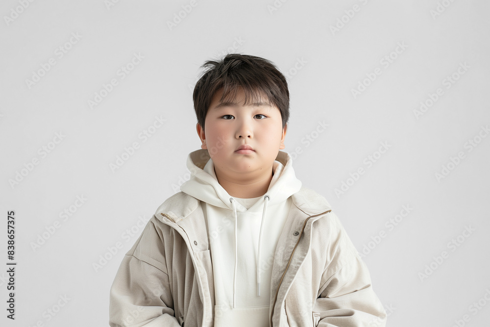 A young boy with a chubby build, wearing a beige hoodie and a matching jacket. His neutral expression and cozy attire give him a comfortable and modern look.