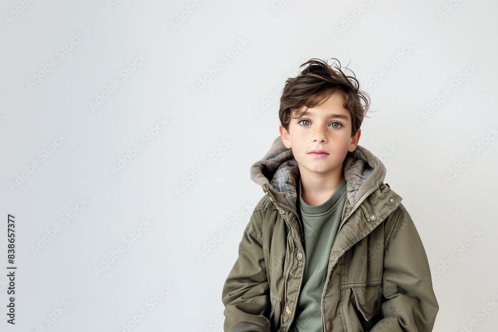 A young boy with short hair, dressed in a green hoodie and a jacket. He has a neutral expression, and his outfit gives a casual and comfortable vibe, making him look approachable and modern. A young boy with short hair, dressed in a green hoodie and a jacket. He has a neutral expression, and his outfit gives a casual and comfortable vibe, making him look approachable and modern.