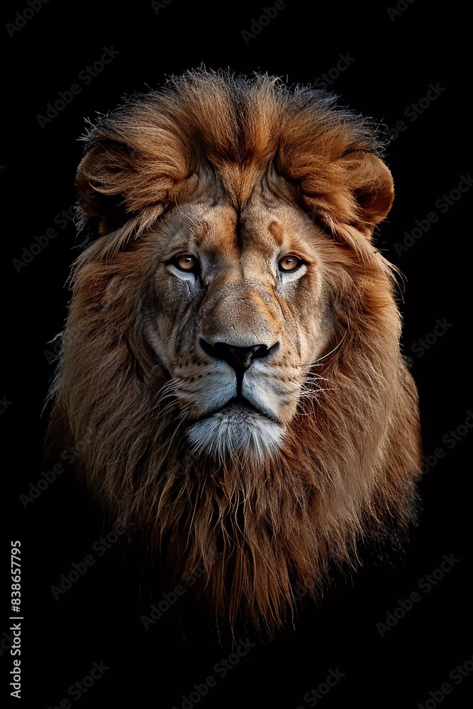 Portrait of a lion's head on a black background.