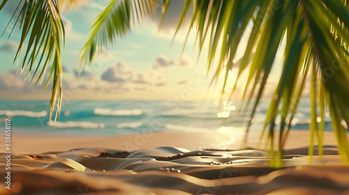 Beautiful wide panorama of a paradise beach with golden sand and palm leaves in blur. Summer banner