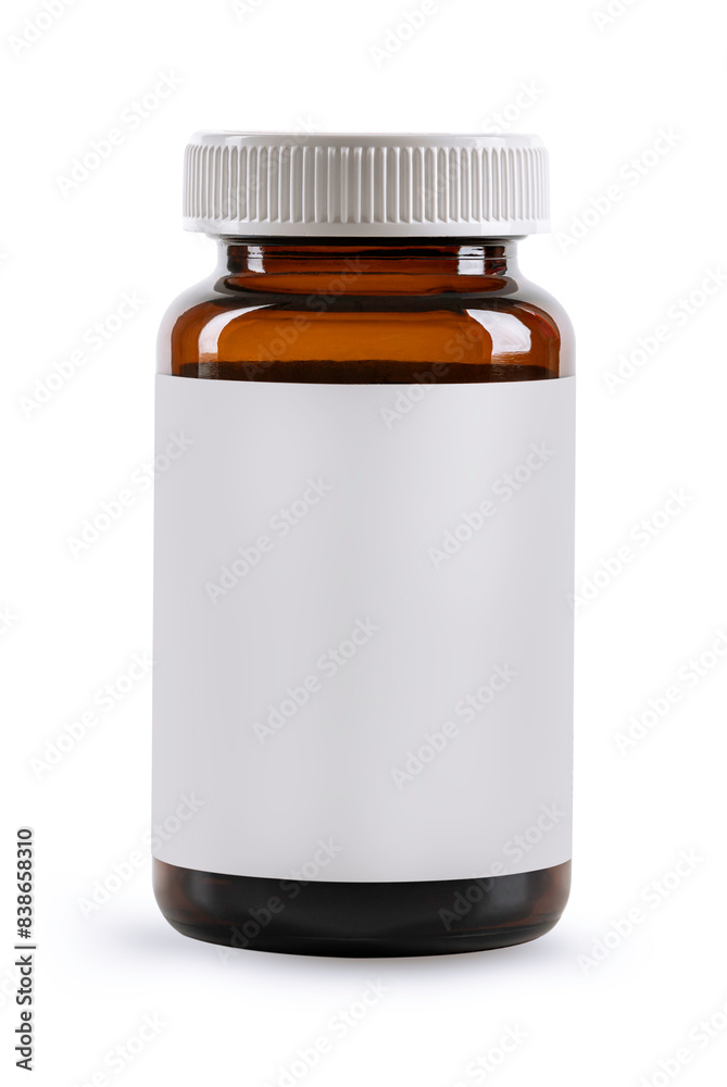 Amber bottle mockup with blank label isolated on white background. Amber bottle mockup with blank label isolated on white background.