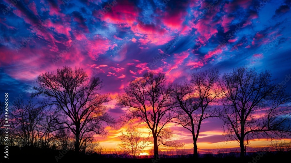 Obraz premium Silhouettes of trees against a vibrant sunset sky, with clouds painted in hues of pink, orange, and purple, creating a breathtaking natural spectacle