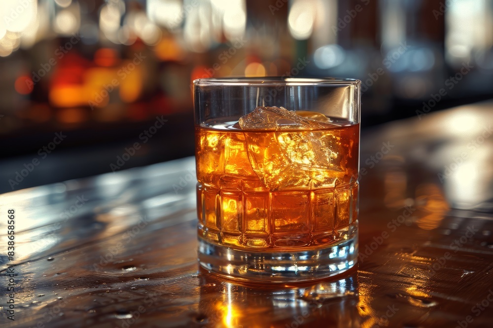 Close-up view of a glass of whiskey with ice cubes on a wooden bar counter with a blurred background of a dimly lit bar setting Close-up view of a glass of whiskey with ice cubes on a wooden bar counter with a blurred background of a dimly lit bar setting