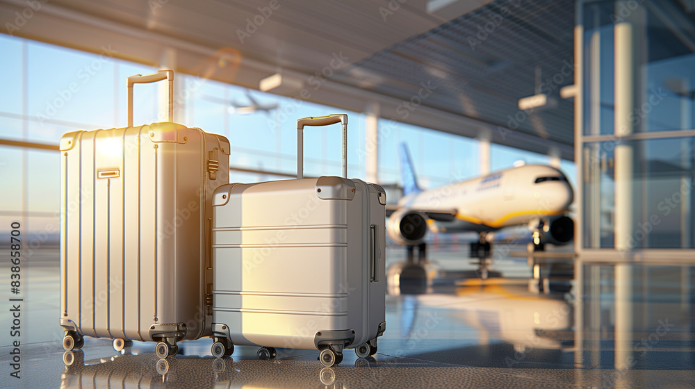 Suitcases in airport. Travel concept. 3d rendering. Suitcases in airport. Travel concept. 3d rendering.