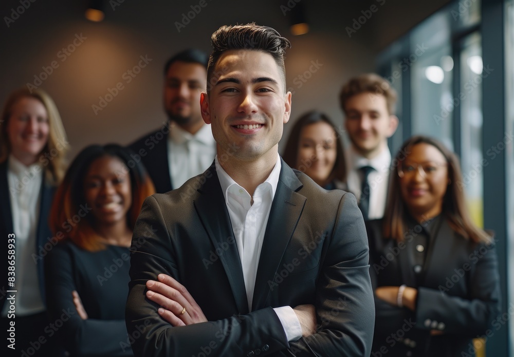 Obraz premium A group of young businessmen smiling, he is confident while his team stands behind him with crossed arms, the background features an office