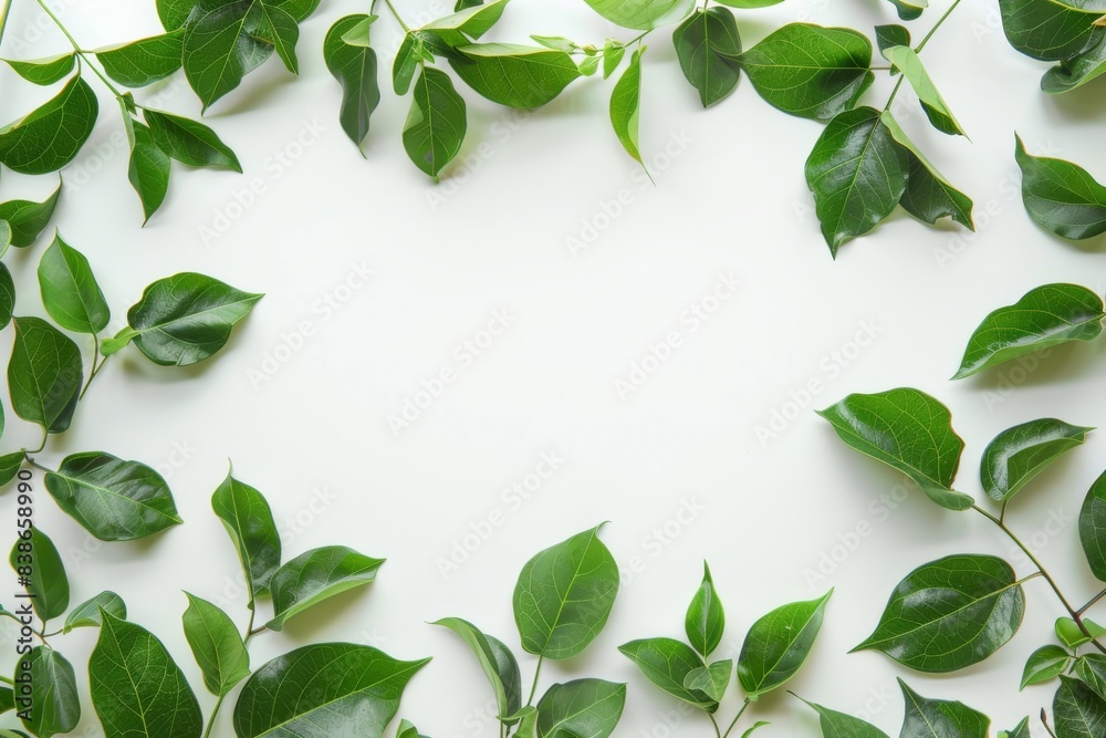 Green leaves creating a border on a white background. Green leaves creating a border on a white background.