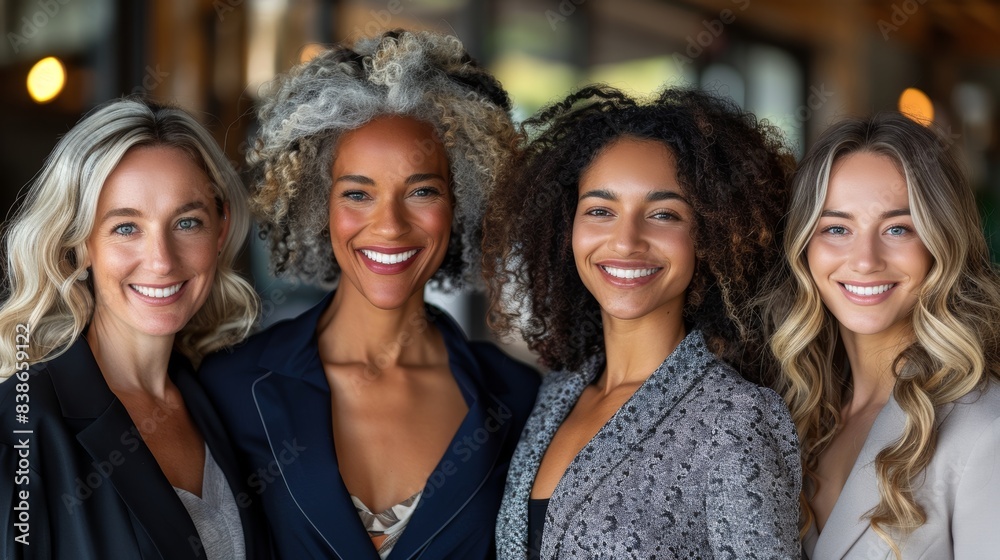 A diverse group of four smiling women with wavy and curly hair, dressed in professional attire, gathered together in an indoor setting with a warm and welcoming ambiance