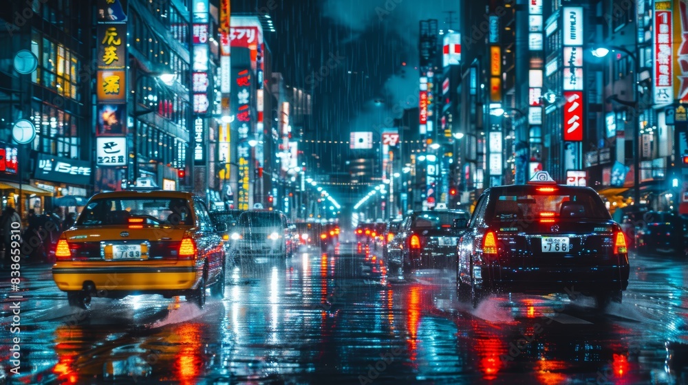 A vibrant city street at night is illuminated by neon signs, reflecting on wet pavement as cars and taxis navigate the bustling urban environment under a light rain