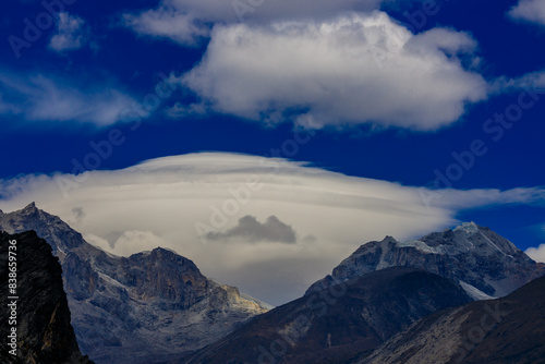 Himalaya mountains landscape with high altitude snow and ice glacier summit peaks. Everest Base Camp Solo Khumbu trekking region in Nepal. Beautiful Himalayas eight thouthander summits under blue sky