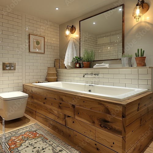 Bathroom with white tiles on the walls. Bathtub with square white tiles.