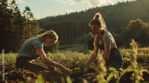 Two young women working the land on an idyllic farm in the middle of the forrest photo