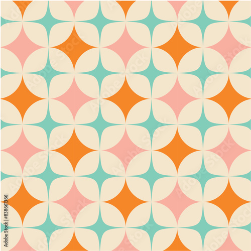 50s Mid Century Modern Seamless Pattern, Stars and Circles Mid Century Modern Pattern in Pink, Orange, Turquoise and Beige, MCM