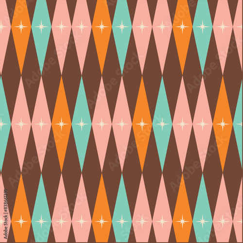 50s Mid Century Modern Seamless Pattern, Diamond Mid Century Modern Pattern in Pink, Orange, Brown, Turquoise and Beige
