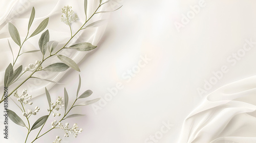 espacio con una tela de seda elegante con hojas y flores pequeñas como decoracion fondo con espacio para copiar tonos claros