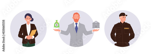 Bank service worker cartoon characters wearing uniform isolated round composition set on white