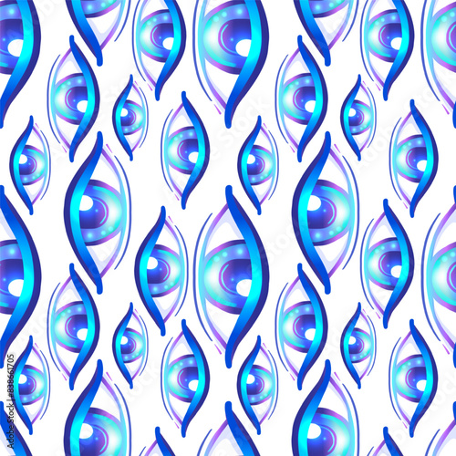 Eyes, seamless pattern over colorful dotted retro 80s, 90s abstract backgroun...