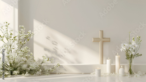 lugar iluminado capilla con cruz catolica con decoracion de flores elegantes y velas decorativas con espacio para copiar celebraciones y tradiciones religiosas