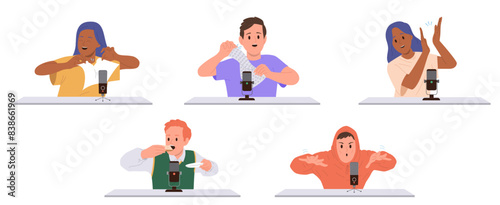 Diverse children ASMR artist cartoon characters creating sounds with microphone isolated set