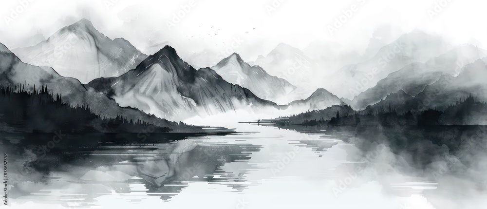 Fototapeta premium traditional asian scroll painting with minimal color, depicting misty mountains and serene landscapes
