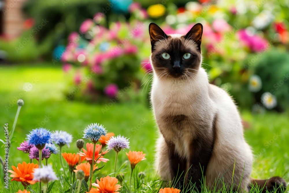 A photo of a beautiful cat in a garden, surrounded by summer flowers. Dappled sunlight shines down. A photo of a beautiful cat in a garden, surrounded by summer flowers. Dappled sunlight shines down.