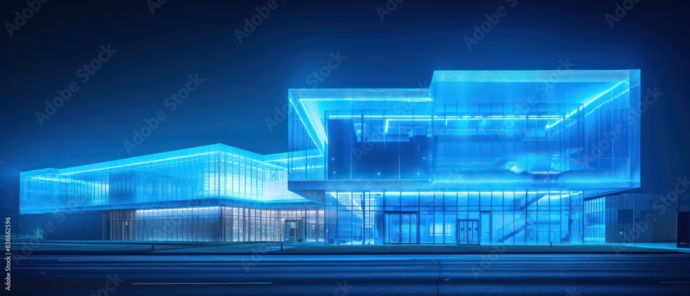 blue luminogram artistry captures the modern building's nighttime aura, its illuminated structure creating a striking visual spectacle blue luminogram artistry captures the modern building's nighttime aura, its illuminated structure creating a striking visual spectacle