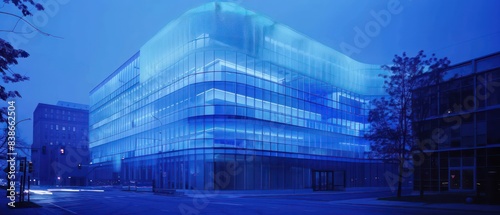 blue luminogram artistry captures the modern building's nighttime aura, its illuminated structure creating a striking visual spectacle © STOCKYE STUDIO