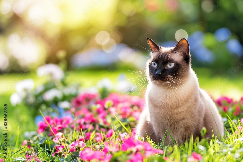 A photo of a beautiful cat in a garden, surrounded by summer flowers. Dappled sunlight shines down. A photo of a beautiful cat in a garden, surrounded by summer flowers. Dappled sunlight shines down.