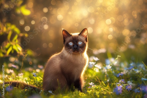 A photo of a beautiful cat in a garden, surrounded by summer flowers. Dappled sunlight shines down.