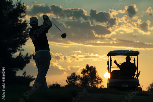Silhouette of golfer playing at sunset photo