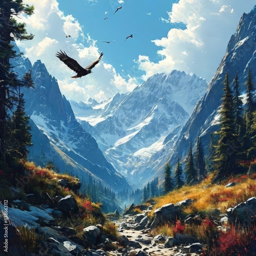 Majestic Mountain Landscape with Soaring Eagles